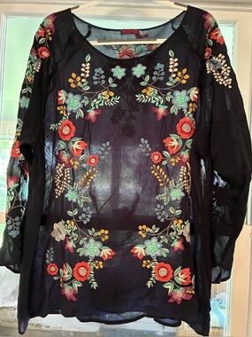 Johnny Was Navy Sheer Tunic with Floral Embroidery *** Read Full Description